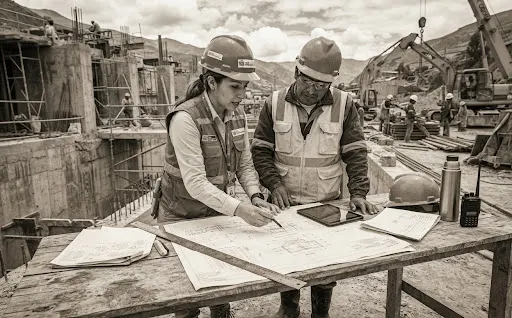 Dos profesionales revisan planos y planillas de muestreo sobre una mesa de trabajo en una obra de infraestructura en el Perú.